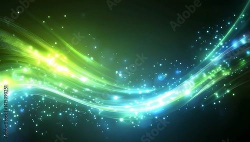 Background with glowing light blue and green lines, particles of data flowing in the air.