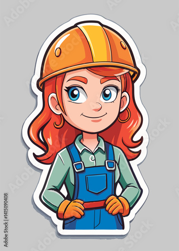 Smiling female construction worker in safety helmet.