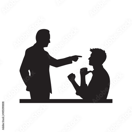boss accusing his worker black silhouette isolated on white background