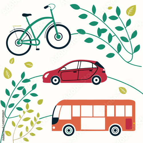 Green Transportation With Plants Illustration For Environmentally Friendly Commuting And Eco Friendly City Travel