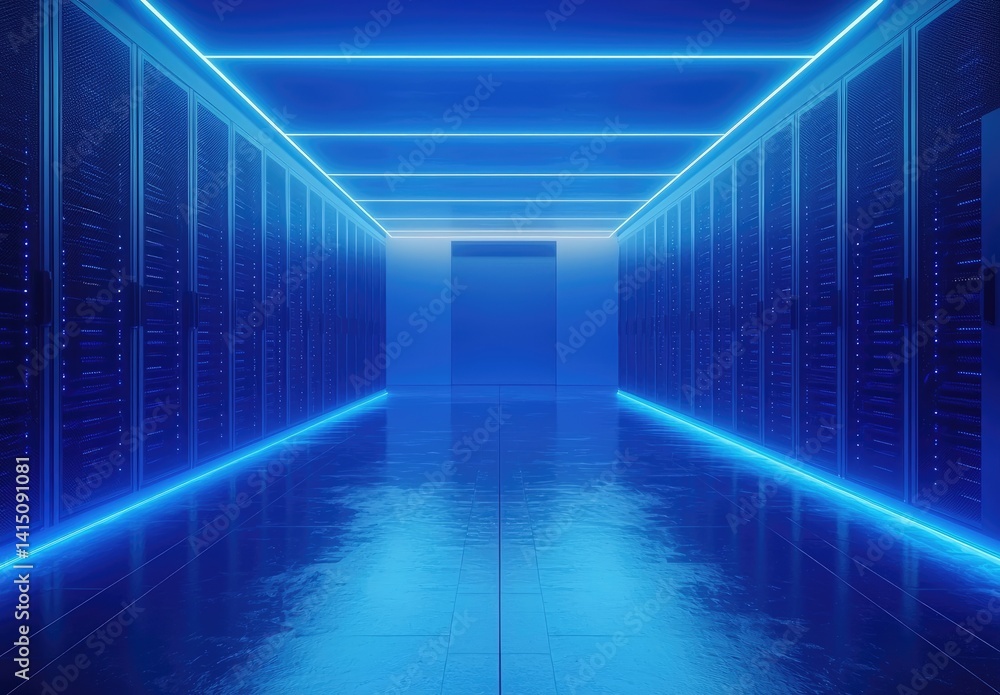 Fototapeta premium Sleek modern data center corridor with glowing blue LED-lit server racks, perfect for cloud services, cybersecurity, AI platforms, and high-tech branding visuals