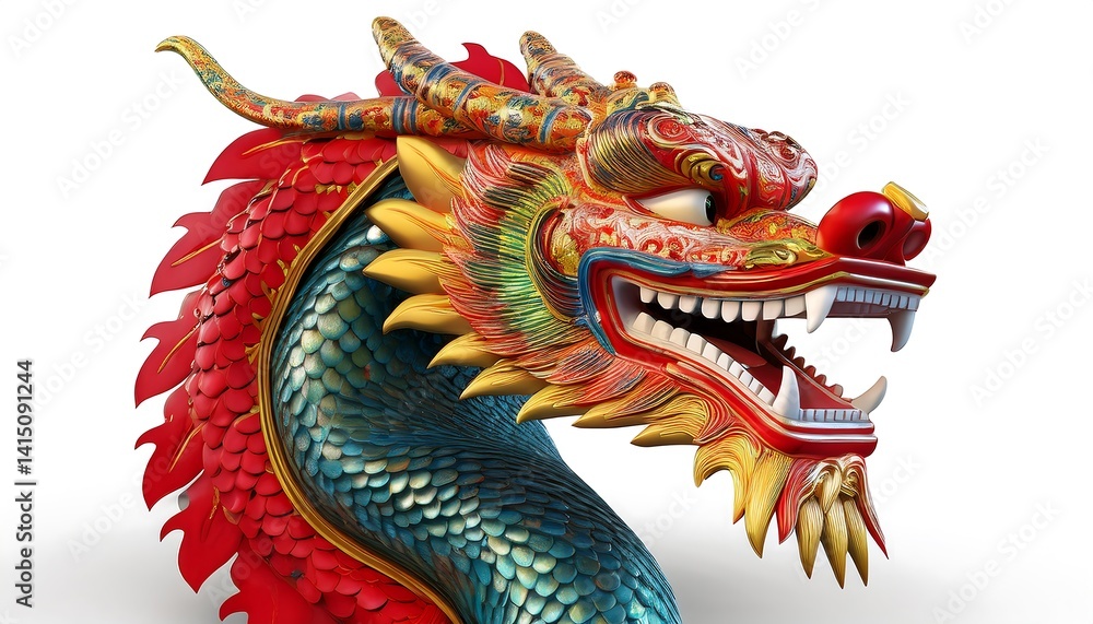 Fototapeta premium Colorful Dragon Head Sculpture with Intricate Patterns and Details Representing Mythical Power and Strength