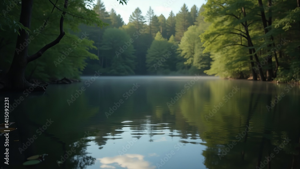 Calm lake reflecting surrounding trees under morning mist, creating a serene and picturesque view of nature's beauty Calm lake reflecting surrounding trees under morning mist, creating a serene and picturesque view of nature's beauty