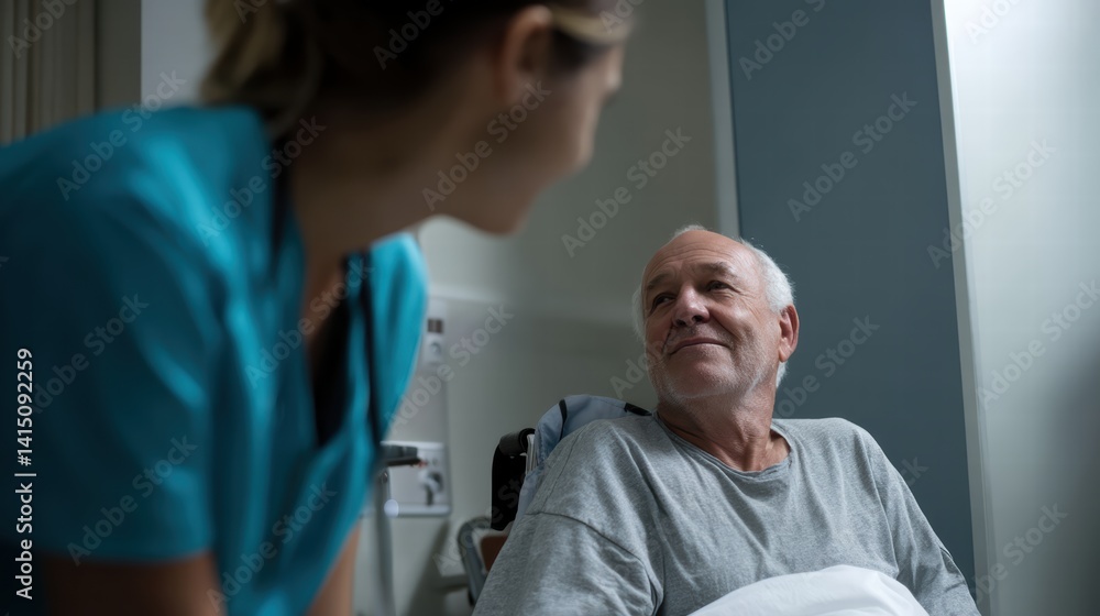 elderly man in wheelchair looks at nurse with warm smile, conveying sense of comfort and care in hospital setting. nurse, dressed in scrubs, engages with him, creating supportive atmosphere elderly man in wheelchair looks at nurse with warm smile, conveying sense of comfort and care in hospital setting. nurse, dressed in scrubs, engages with him, creating supportive atmosphere