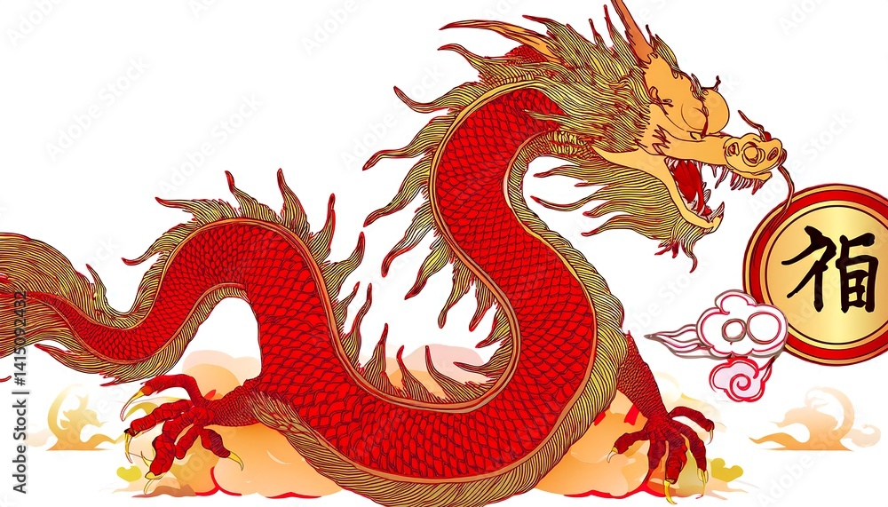Naklejka premium Vibrant Red Dragon Illustration with Golden Details, Cloud Motifs, and Symbol of Good Fortune