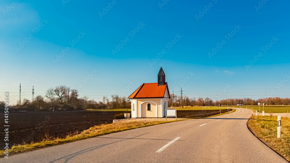 Chapel on a sunny winter day at Gaden, Eitting, Erding, Bavaria, Germany