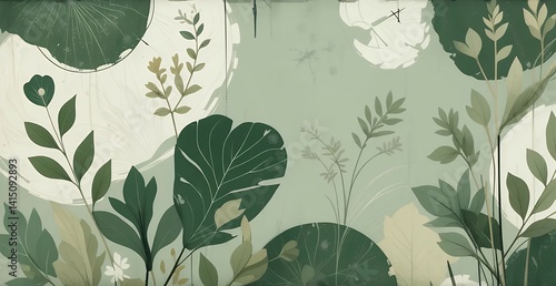 Abstract Botanical Illustration Sage, Eucalyptus, and Ivory Green Tones
