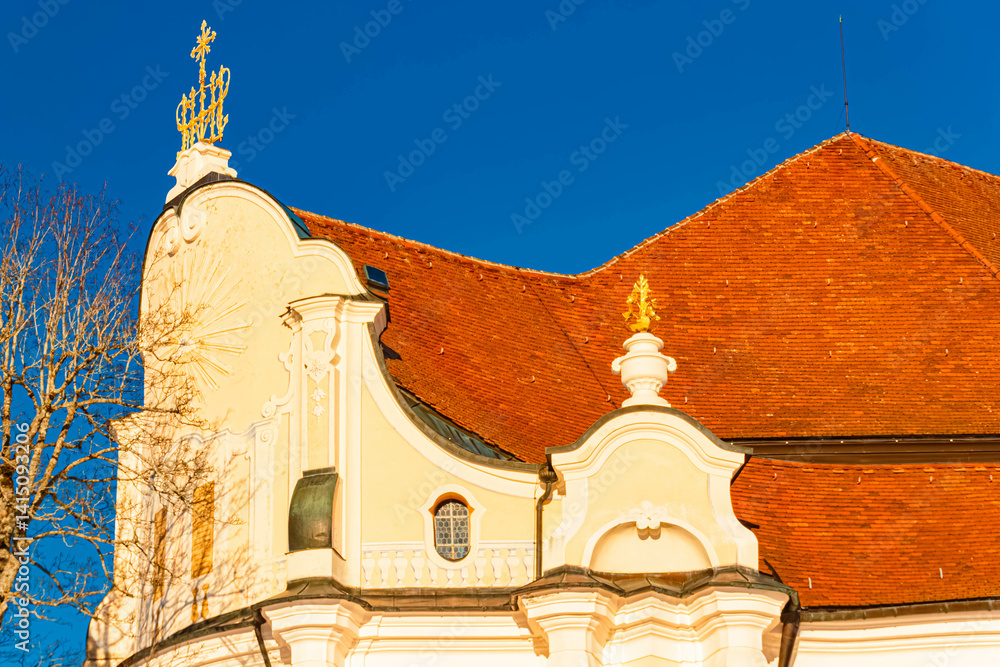 Details of the famous Wieskirche church on a sunny winter day at Steingaden, Weilheim-Schongau, Bavaria, Germany
