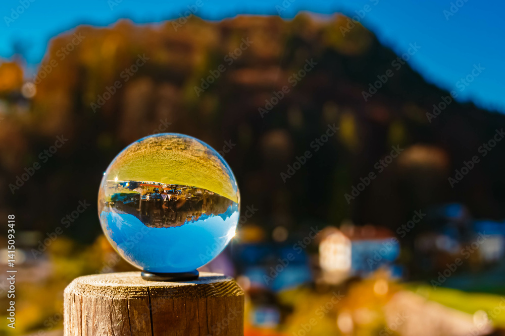 Crystal ball alpine winter landscape shot at Berchtesgaden, Bavaria, Germany