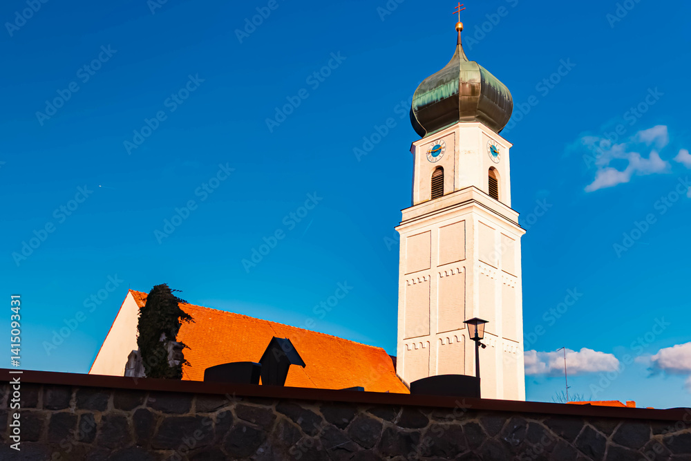 A church on a sunny winter day at Zeholfing, Landau an der Isar, Dingolfing-Landau, Bavaria, Germany