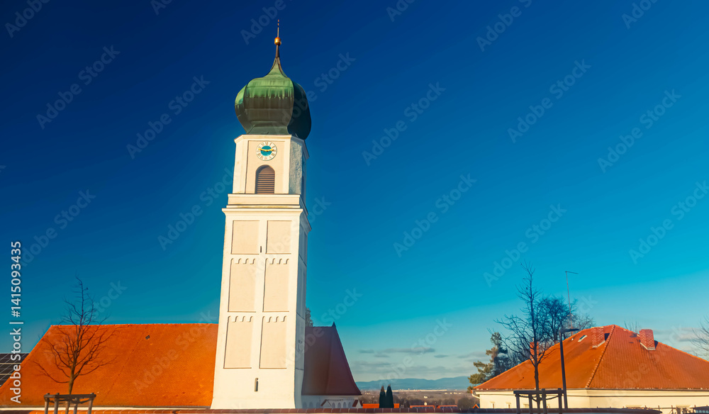 A church on a sunny winter day at Zeholfing, Landau an der Isar, Dingolfing-Landau, Bavaria, Germany