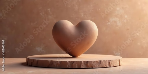 A terracotta heart sculpture rests delicately on a circular stone pedestal against a muted earthy backdrop.