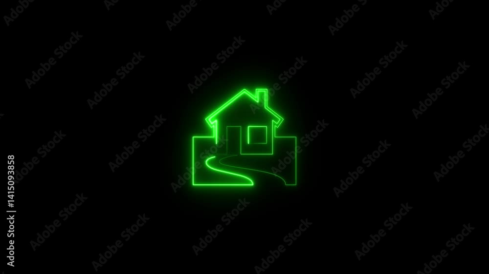 House icon vertical abstract neon glowing home green animation on black background House icon vertical abstract neon glowing home green animation on black background