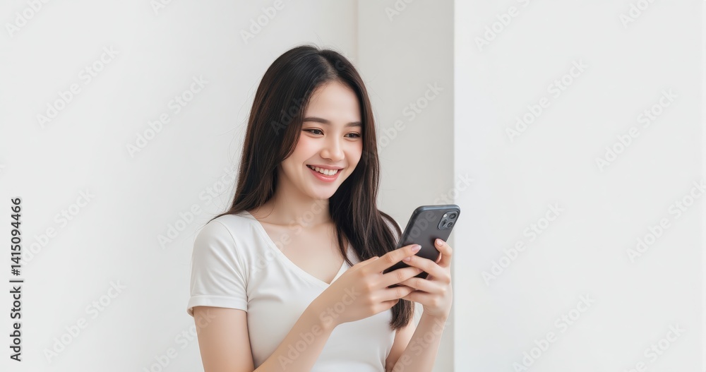 Stylish Gen Z woman engaged with smartphone in clean white background, perfect for digital ad campaigns
Stylish Gen Z woman engaged with smartphone in clean white background, perfect for digital ad campaigns