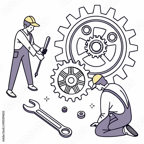 Mechanics Repairing Gears With Wrench And Tool Vector Illustration Outline Style
