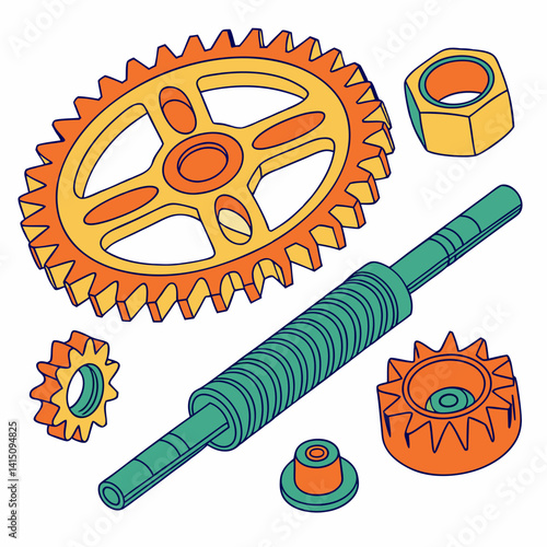 Gear Mechanism Parts Depiction On White Backdrop Machine Elements Concept Art
