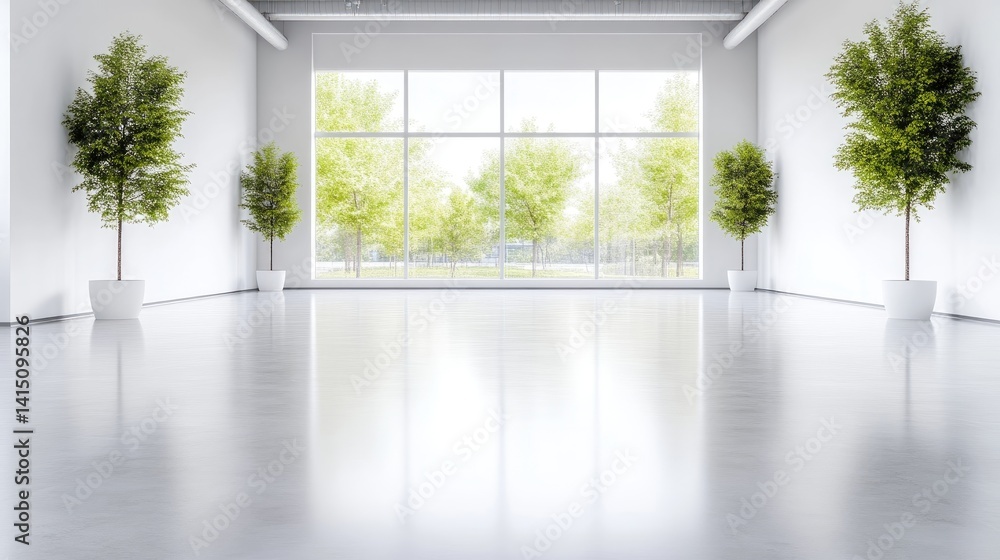 Fototapeta premium Modern, bright, empty office space with large windows and potted trees