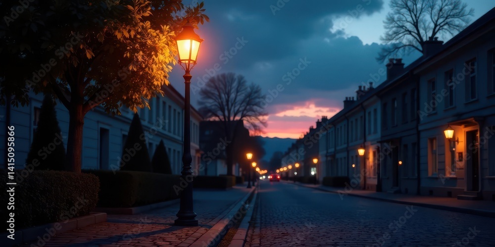 Fototapeta premium Serene Twilight on a Cobblestone Street with Glowing Lampposts and Lush Greenery