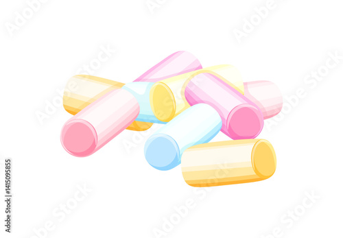 A heap of soft chewy marshmallows in a cartoon style.Vector illustration of marshmallows in yellow,blue,white,pink colors isolated on a white background.Marshmallows for desserts,cocoa, hot chocolate.