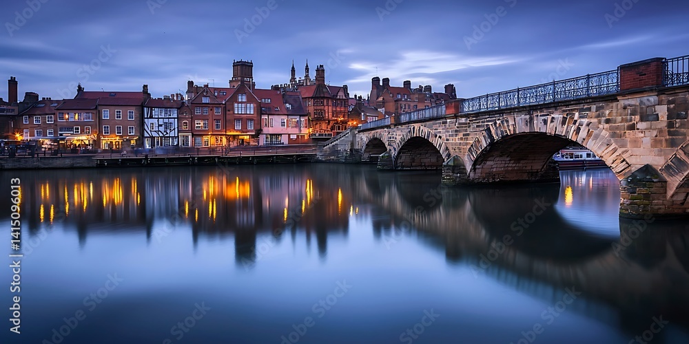 Naklejka premium Picturesque Evening View of Old Stone Bridge and Town Reflections