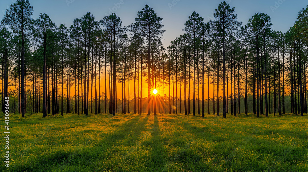 Obraz premium Sun rays stream through a forest of tall trees with green grass creating a serene landscape