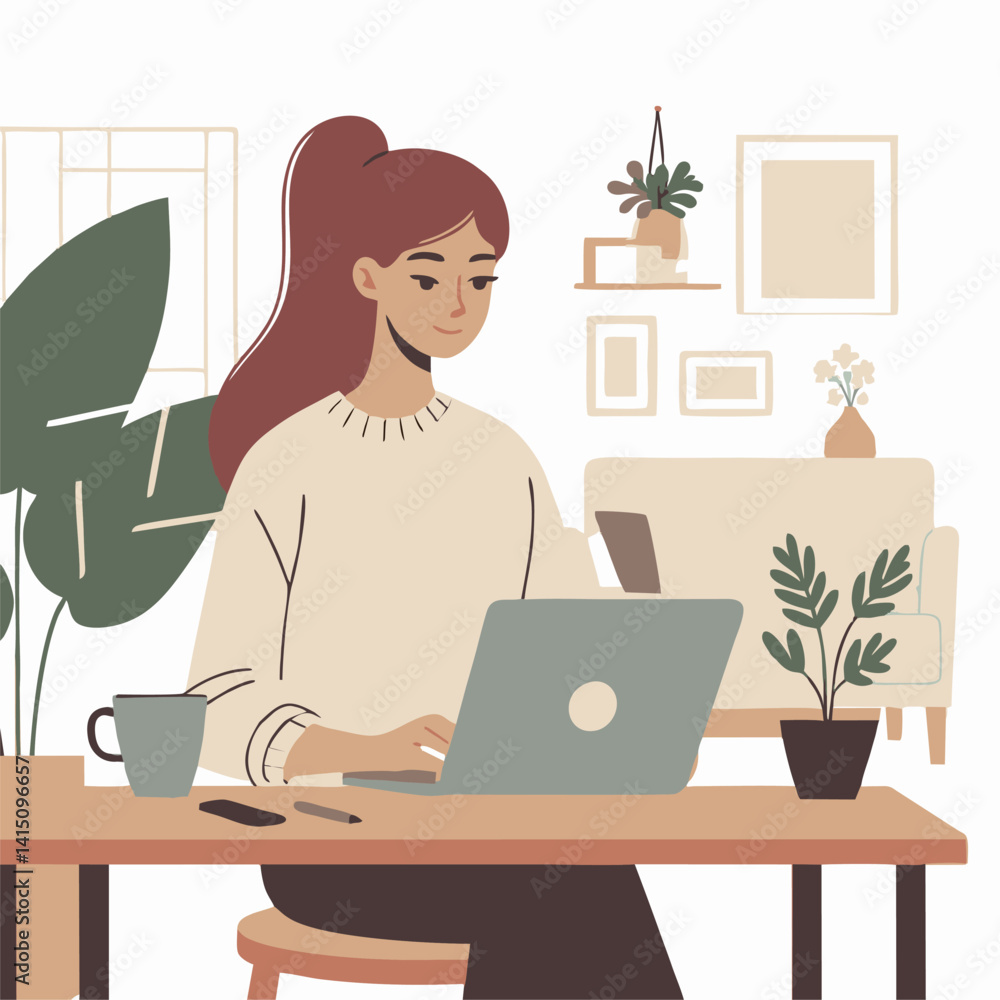 Flat vector of a young man working on a laptop at home. Minimal, clean design with solid colors. Ideal for freelance, remote work, or productivity content. Flat vector of a young man working on a laptop at home. Minimal, clean design with solid colors. Ideal for freelance, remote work, or productivity content.