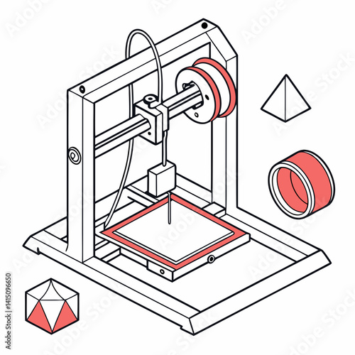Isometric 3D Printer Illustration With Geometric Shapes For Additive Manufacturing Concept