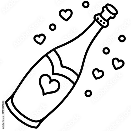 Champagne bottle with hearts Line art vector