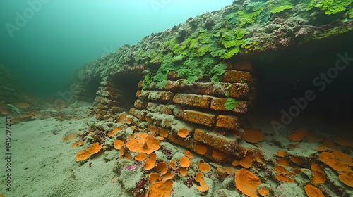 Underwater brick structure coated in colorful marine life submerged on the sandy ocean floor in greenish murky water