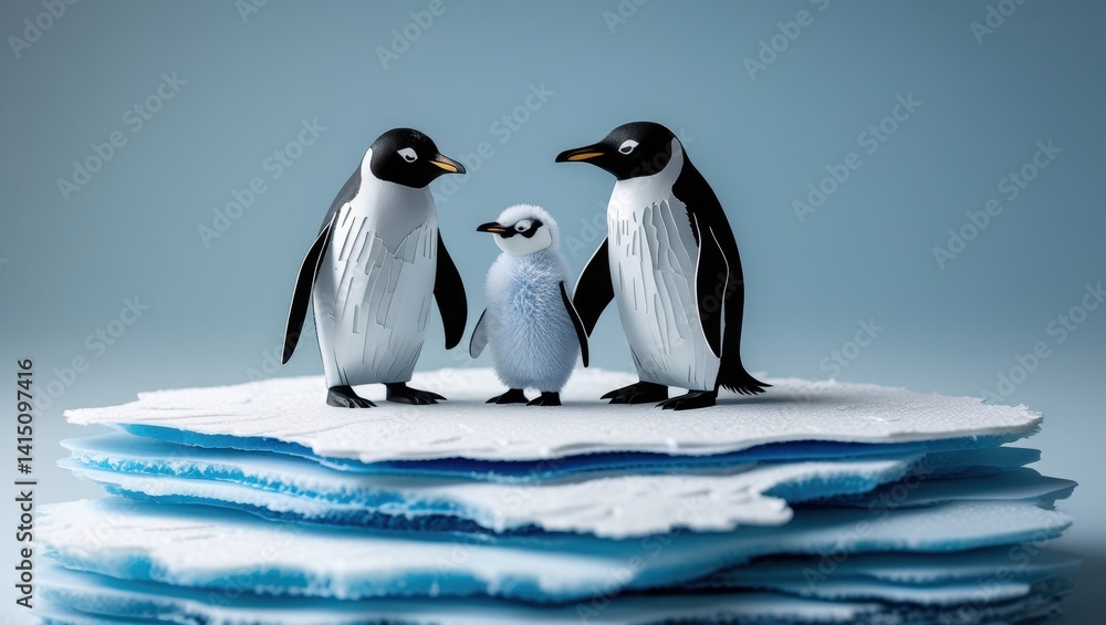 Fototapeta premium Adorable Penguin Family on Melting Iceberg Climate Change Concept