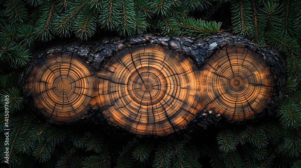 Fototapeta premium Wood slices framed by evergreen
