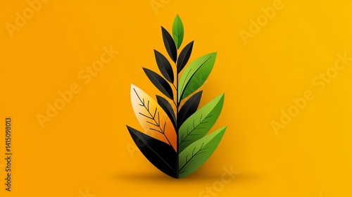 Stylized leaves appear in alternating shades of green, black, and yellow against a solid yellow background.