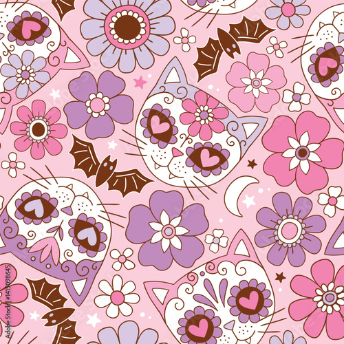 Seamless vector pattern with cute cat skulls and vintage flowers. Hand drawn floral calavera background. Spooky Halloween skull drawing.  EPS 10 vector file. Perfect for textile or print design.