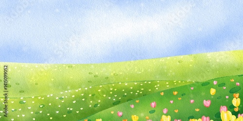 Colorful Spring Meadow with Tulips Under a Light Sky