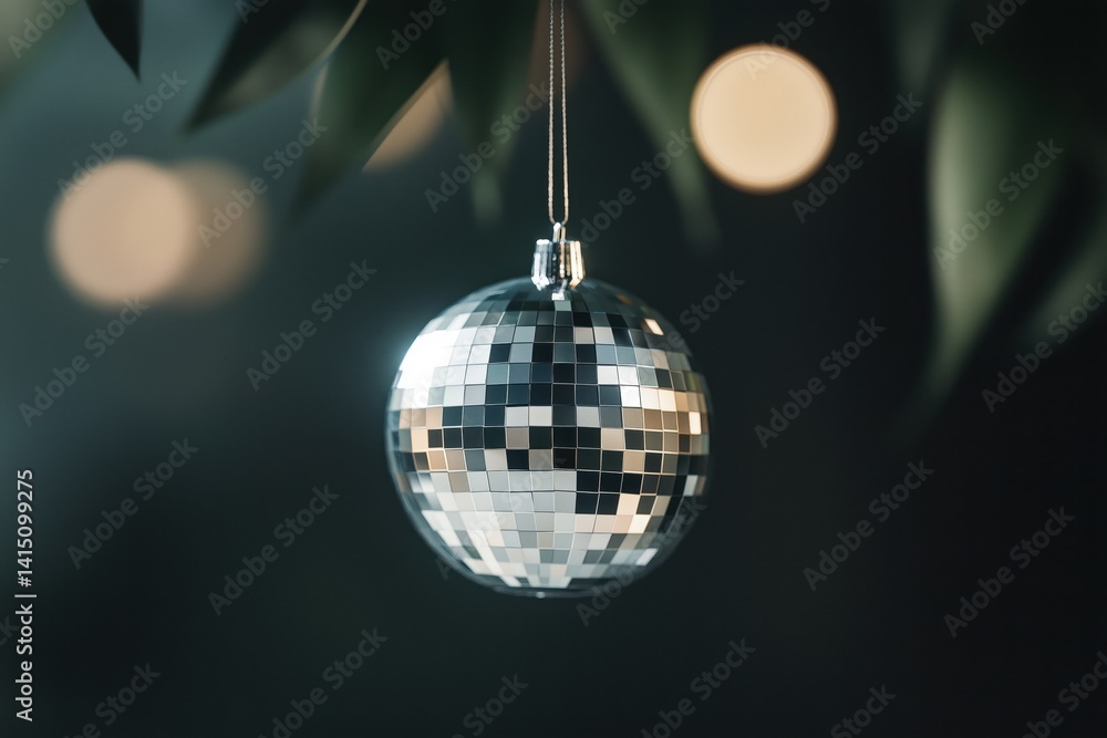 Fototapeta premium Shiny disco ball decoration hanging with blurred background, festive and reflective surface