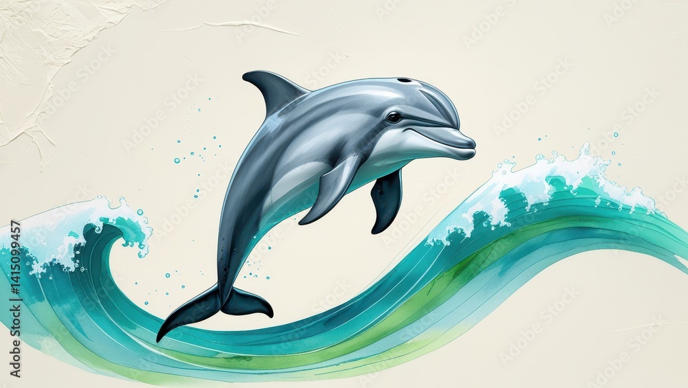 Obraz premium Elegant Dolphin Leaping Over Ocean Wave Artistic Watercolor Painting of Marine Wildlife
