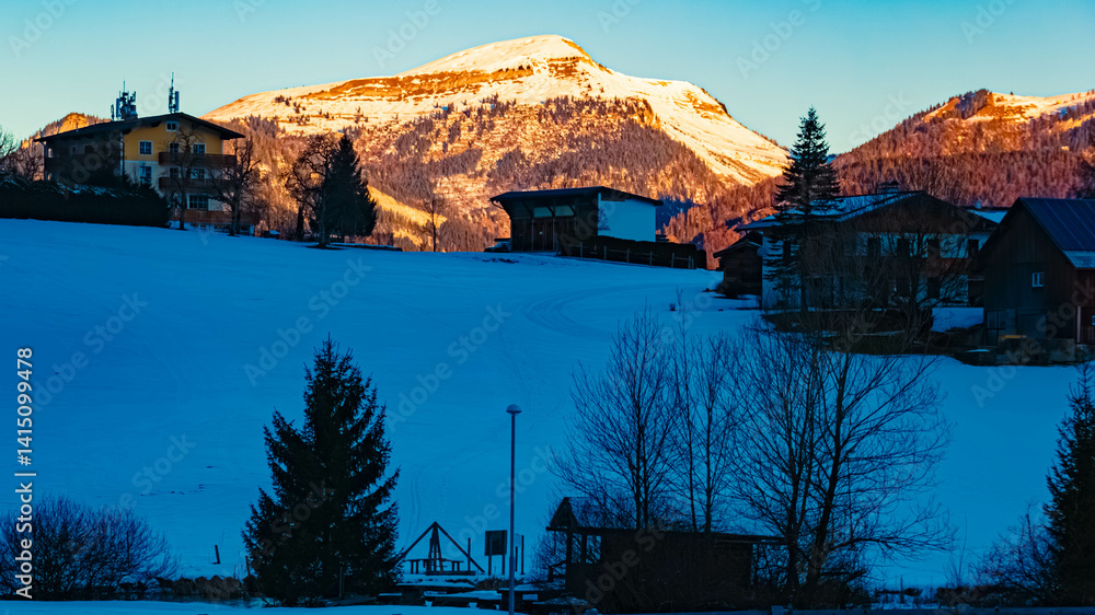Obraz premium Alpine winter sunrise view near Abtenau, Salzkammergut, Salzburg, Austria