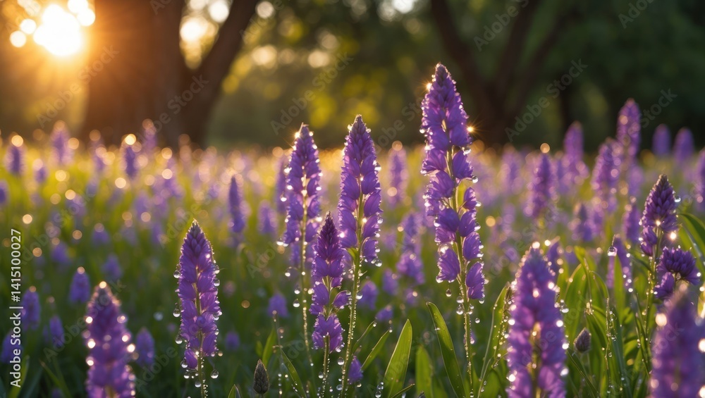 Obraz premium Purple Flowers Blooming in Field at Sunset with Dew