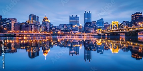 Pittsburgh Pennsylvania Skyline at Night with River Reflection Landscape