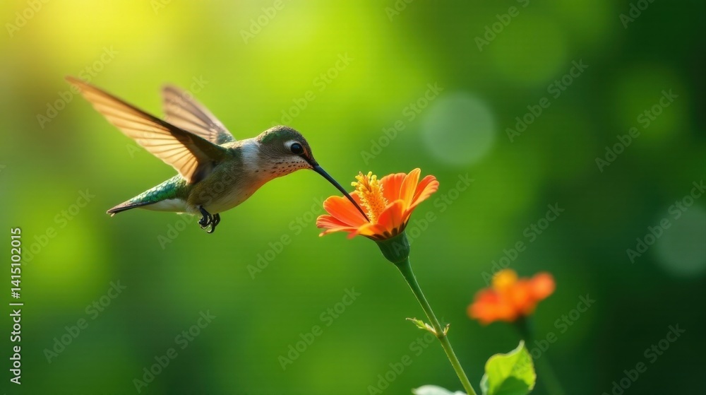Fototapeta premium A tiny hummingbird in flight gracefully approaches a vibrant orange flower, its long beak extending to sip nectar, bathed in the warm glow of sunlight against a lush green backdrop.