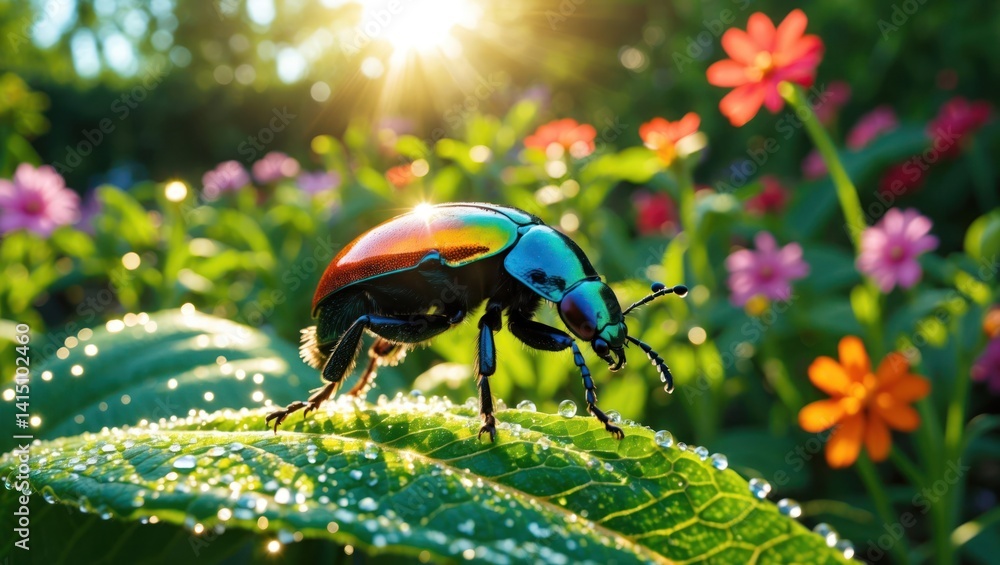 Fototapeta premium Shiny Beetle on Leaf with Morning Dew and Flowers