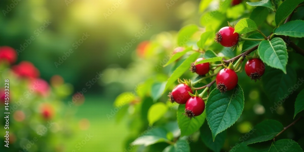Fototapeta premium Vibrant red berries glistening on lush green foliage, bathed in warm sunlight, creating a picturesque summer scene of natural beauty and abundant harvest.