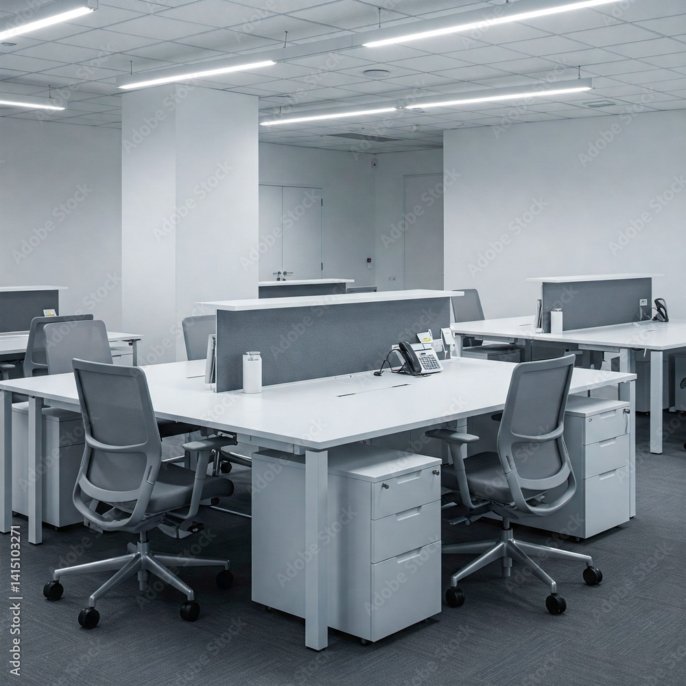 Modern Minimalist Office Workspace with Cubicles and Desk Chairs Modern Minimalist Office Workspace with Cubicles and Desk Chairs