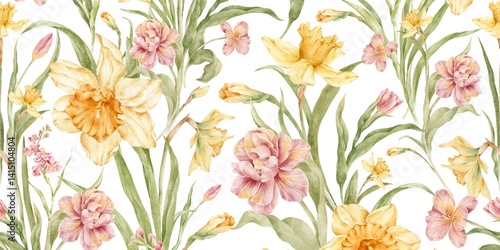 Delicate Watercolor Floral Seamless Pattern with Daffodils, Carnations, and Tulips