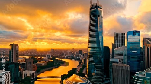 Cinematic 4K aerial drone shot soaring upward and forward over Melbourne, Australia's skyline at golden hour, capturing the yarra River, skyscrapers like Eureka Tower, and Federation Square in ultra-H
