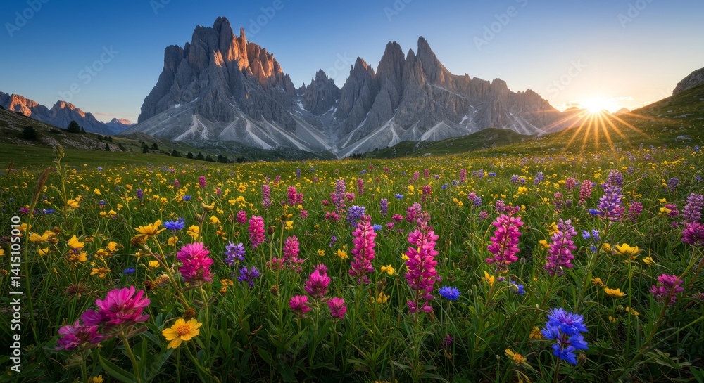 Fototapeta premium Dolomites Meadow Sunrise Wildflower Bloom - Majestic mountains, vibrant wildflowers, sunrise light, serene nature, summer beauty. Symbolizing peace, freedom, renewal, abundance, and tranquility