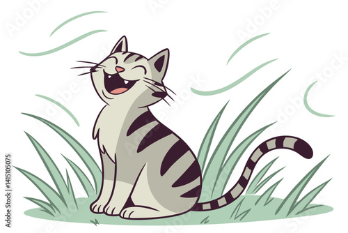 Cute black feline pet with a tail, a happy cartoon cat and mouse illustration in green grass and leaves