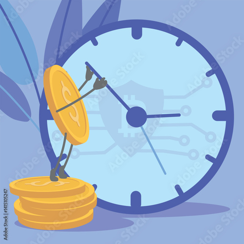 Time is money, saving money, deposit, cryptocurrency investment, blockchain. Coin icon, watch, safe money storage, profitable bitcoin investments, interest growth