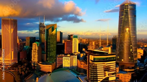 Cinematic 4K aerial drone shot soaring upward and forward over Melbourne, Australia's skyline at golden hour, capturing the yarra River, skyscrapers like Eureka Tower, and Federation Square in ultra-H