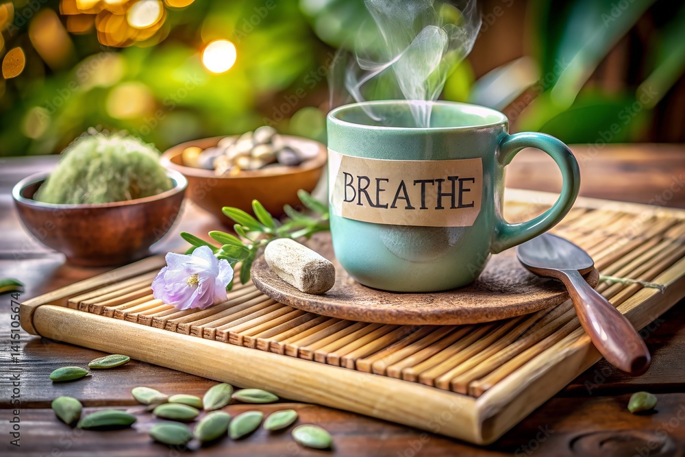 Handmade Stoneware Mug with Breathe Inscription and Relaxation Essentials on Bamboo Tray